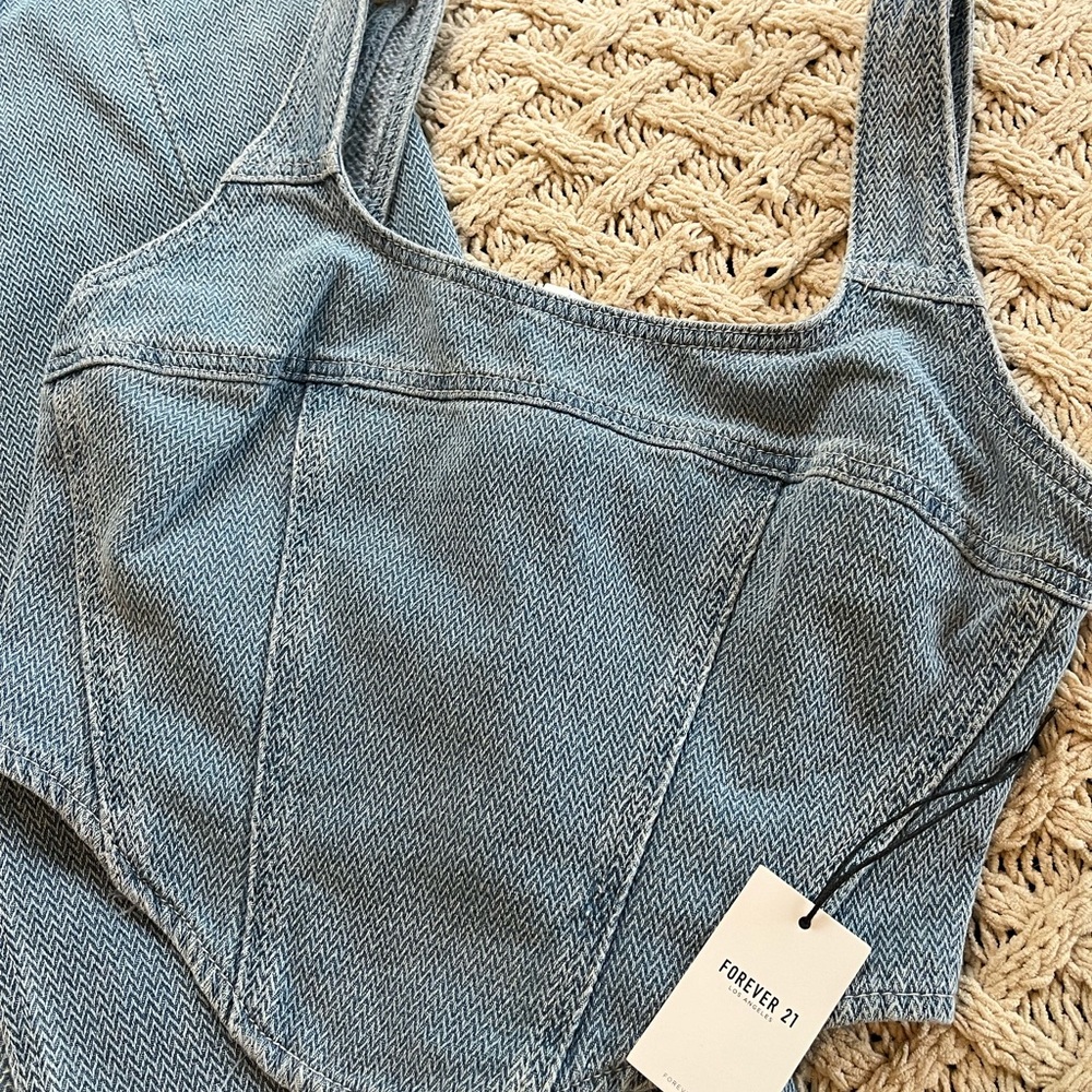 NEW 2pc Forever 21 Denim Crop Top & Skirt Chevron pattern Med Denim Small Medium - Picture 13 of 16
